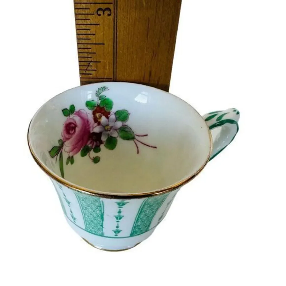 Crown Staffordshire Fine Bone China Demitasse Cup &‎ Saucer Green Lace Pink Rose